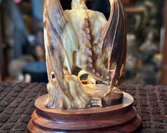 Ancient fossil, walrus, tusk, hand carved dragon