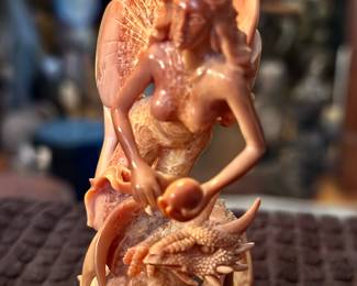 Wing to goddess and dragon, rare, pink fossil, walrus, tusk hand carved