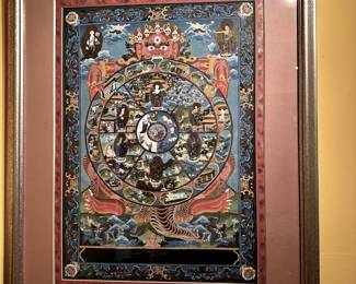 A beautifully framed hand painted on canvas Tibetan wheel of life or existence.  Sometimes referred to as the wheel of karma.   The very edge of the mat board, his hand painted to match the interior of the canvas colors. This is a large, stunning vintage Thangka painting.
