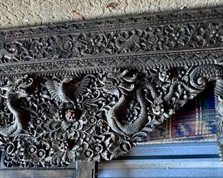 The largest heaviest hand carved section of our opium bed. A very thick and heavy piece one might use the term massive every bed is wide as a queen or king size bed. We do have the companion pieces and everything is sold separately..  antique possibly from Burma and solid heavy heavy teakwood.  This is an amazing powerful piece could be used in many creative architectural applications...  only limited by your imagination