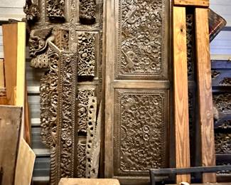 A antique solid teakwood opium bed, almost the size of a small room.  Unbelievable as it sounds,  a rich attorney bought the bed for almost $10,000. Once assembled, it was too large for the intended room. His wife decided to make one of the large side panels into the headboard of their bed.  The remainder, we eventually purchased and are offering it as architectural embellishment. Use your imagination,  make headboards,  room dividers, simple wall hangings,  built into bookcases or entertainment centers, whatever creative ideas you have, fabulous and solid, teakwood and very heavy.  We are selling these fantastic  sections individually.  There is even two sections that acted as a ceiling to the bed. All hand carved all salad teakwood. We believe it was hand carved in Burma at the turn of the century.??