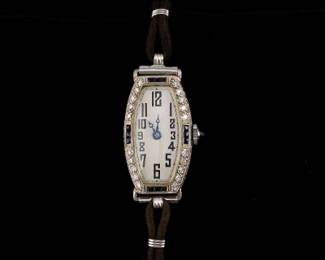 Ladies Art Deco Platinum, Diamond and Blue Sapphire Dress Watch