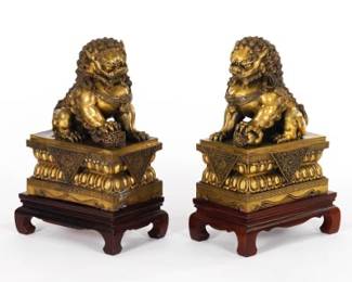 Chinese Antique Incredible Pair of Gilt Copper Alloy Temple Food Lions, on Wood Marble Stands, ca. Qing Dynasty