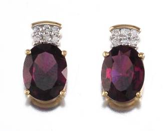 Ladies Pair of Gold, Rhodolite Garnet and Diamond Ear Studs