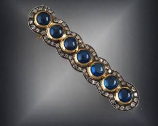 Ladies Antique Gold, Silver, Blue Sapphire and Diamond Bar Brooch