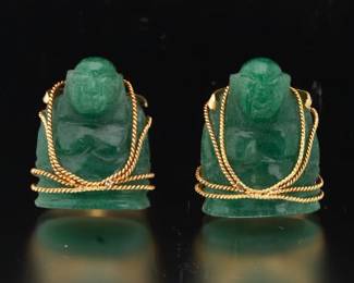 Vintage Greece Pair of Gold and Green Quartz Buddha Cufflinks