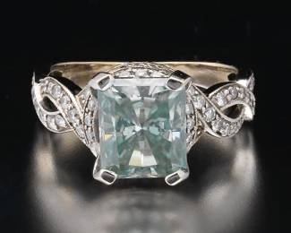 Blue Moissanite and 14K White Gold Diamond Ring