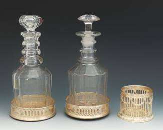 Group of Crystal Decanters and Sterling Wine Coasters