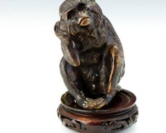 Chinese Bronze Monkey on Carved Wood Stand