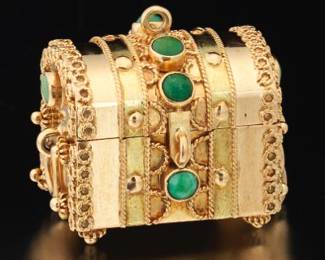 Etruscan Revival Style Gold and Turquoise Treasure Chest Fob Pendant