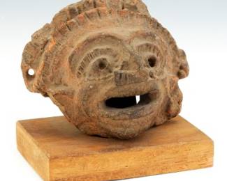 Aztec Style Pottery Ceremonial Effigy Head, on Wood Stand