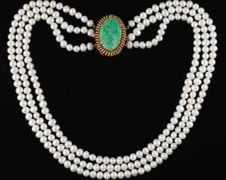Ladies Vintage Gold, Jade and Pearls ThreeStrand Necklace