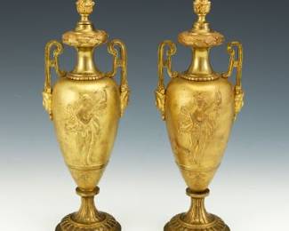 Pair of French DOre Bronze Lidded Vases, Cupid and Psyche, ca. 19th Century