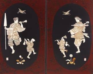 Pair of Japanese Lacquer Panels with Inlaid Figures