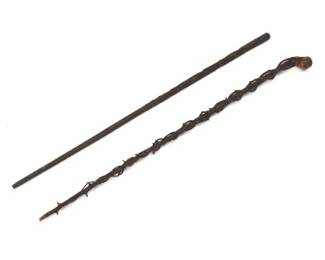 Two Irish Carved Wood and Blackthorn Irish Bog Oak Folk Art Walking Sticks
