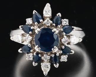 Sapphire and Diamond Cluster 18K Gold Ring