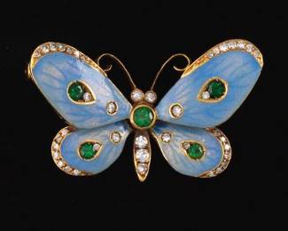Ladies Retro Gold, Green Tourmaline, Iridescent Enamel and Diamond Butterfly Brooch