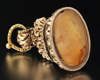 Victorian Gold and Carved Agate Fob with Aristotle Profile