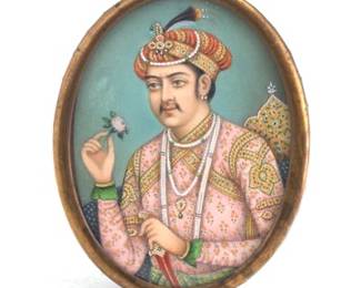 Antique Hand Painted Miniature Portrait of Shah Jahan the Magnificent, ca. 19th Century