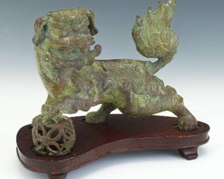 Chinese Cast Bronze Foo Lion Shishi Sculpture on Wooden Stand