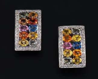 Ladies Pair of Gold, Multi Color Sapphires and Diamond Earrings