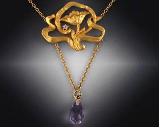 Art Nouveau Gold, Amethyst and Diamond Floral Necklace