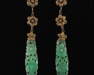 Antique Pair of Gilt Sterling Silver and Chinese Carved Jadeite Jade Earrings