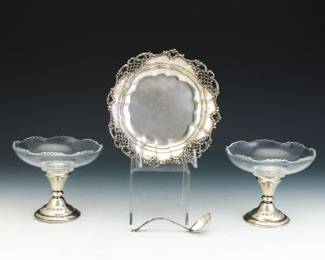 Gorham 19th c. Sterling Bowl and Ladle, and Pair of Frank M. Whiting Sterling and Glass Comports