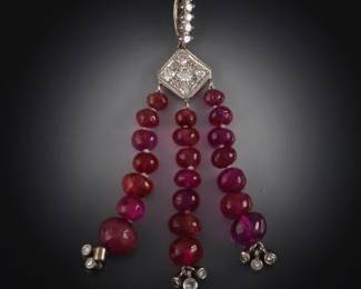 Ladies Art Deco Platinum, Ruby and Diamond Pendant on Gold Chain