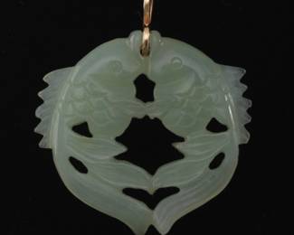 Chinese Gold and Carved Celadon Jade Double Fish Pendant