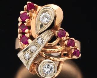 Ladies Mid Century Gold, Diamond and Ruby Ring