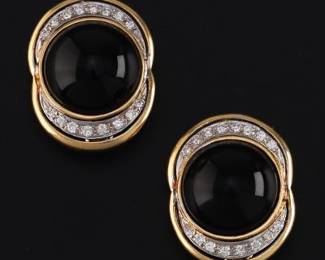 Ladies TwoTone Gold, Black Onyx and Diamond Earrings