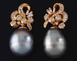 Ladies Pair of 18k Gold, Diamond and Tahitian Baroque Pearl Earrings