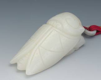 Chinese Large Carved White Jadeite Jade Cicada Meditation Ornament, with Braided Silk Handle
