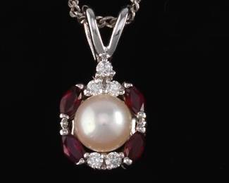 Ladies Gold, Pearl, Ruby and Diamond Pendant on Chain