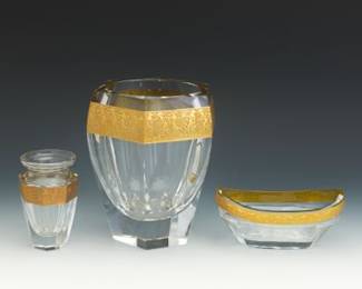 Group of Three Moser Crystal Pieces with Gilt Decoration