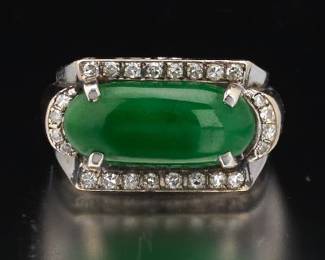 Ladies Retro Gold, Green Jadeite and Diamond Saddle Ring