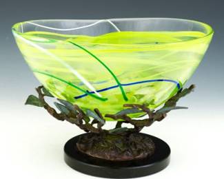 Bronze Organic Design, Black Slate and Costa Boda Art Glass Centerpiece