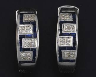 14K White Gold Art Deco Style Diamond and Sapphire Earrings