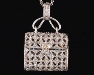 Ladies 18K Gold and Diamond Articulated Ladies Fashion Bag Pendant on Italian Chain
