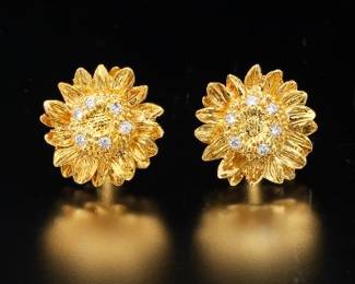 Asprey Pair of 18K Gold and Diamond Sunflower Earrings