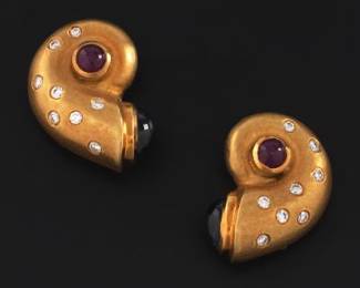 Ladies Pair of Gold, Ruby, Blue Sapphire and Diamond Shell Earrings