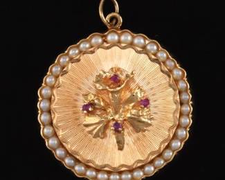 Ladies Gold, Seed Pearl and Ruby Pendant