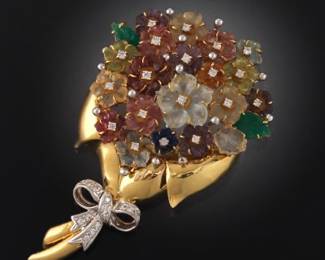 Ladies 18K Gold, Diamond and Multicolor Gem Stones Floral Bouquet Brooch