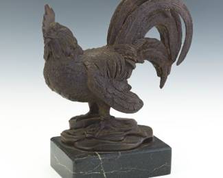 Bronze Rooster Sculpture on Marble Base