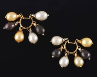 Ladies Pair of 18K Gold, South Sea Pearls and Diamond Earrings