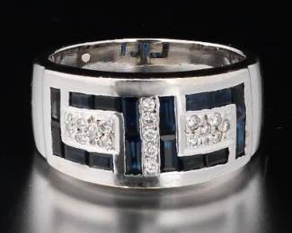 14K White Gold Art Deco Style Sapphire and Diamond Ring