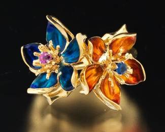 Ladies Italian Gold, Ruby, Blue Sapphire and Multicolor Enamel Floral Bypass Ring