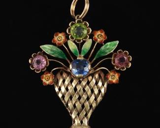Antique Gold, Blue Sapphire, Pink Tourmaline, Peridot and Enamel Giardinetti Pendant