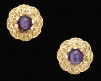 Marcus Co. Art Nouveau Pair of Gold and Star Ruby Earrings